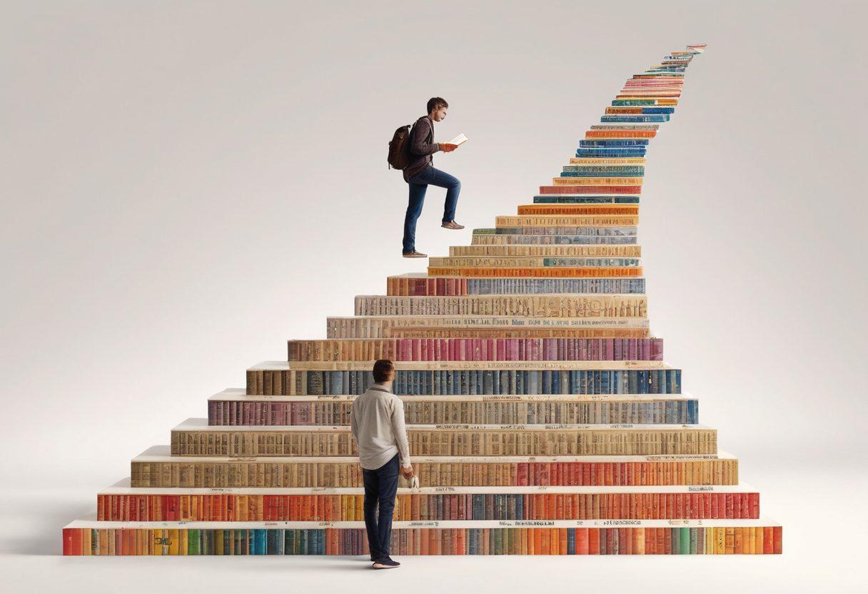 An inspiring visual of a person climbing a staircase made of books, each step showcasing different language resources like dictionaries, grammar books, and digital tools. Symbols of various languages float around, depicting a diverse linguistic journey. A bright, motivating background of a sunrise signifies growth and opportunity. super-realistic. vibrant colors. white background.