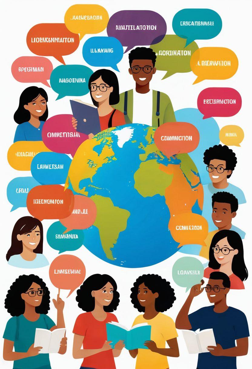 A collage of diverse individuals engaged in language exchange, surrounded by vibrant speech bubbles showcasing different languages. Include books, a globe, and technology elements representing online learning and communication. The scene should exude a sense of connection, enthusiasm, and cultural diversity. super-realistic. vibrant colors. white background.