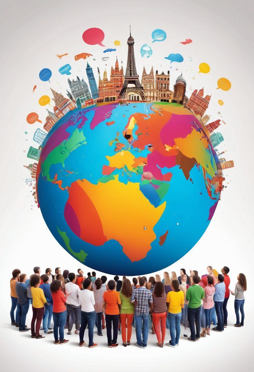 A diverse group of people engaged in a lively conversation under a large globe, symbolizing global connections through language exchange. Colorful speech bubbles containing various languages float above them, showcasing cultural diversity and unity. In the background, iconic landmarks from around the world can be seen faintly, representing different cultures. The scene is vibrant and inviting, encouraging interaction and learning. super-realistic. vibrant colors. white background.
